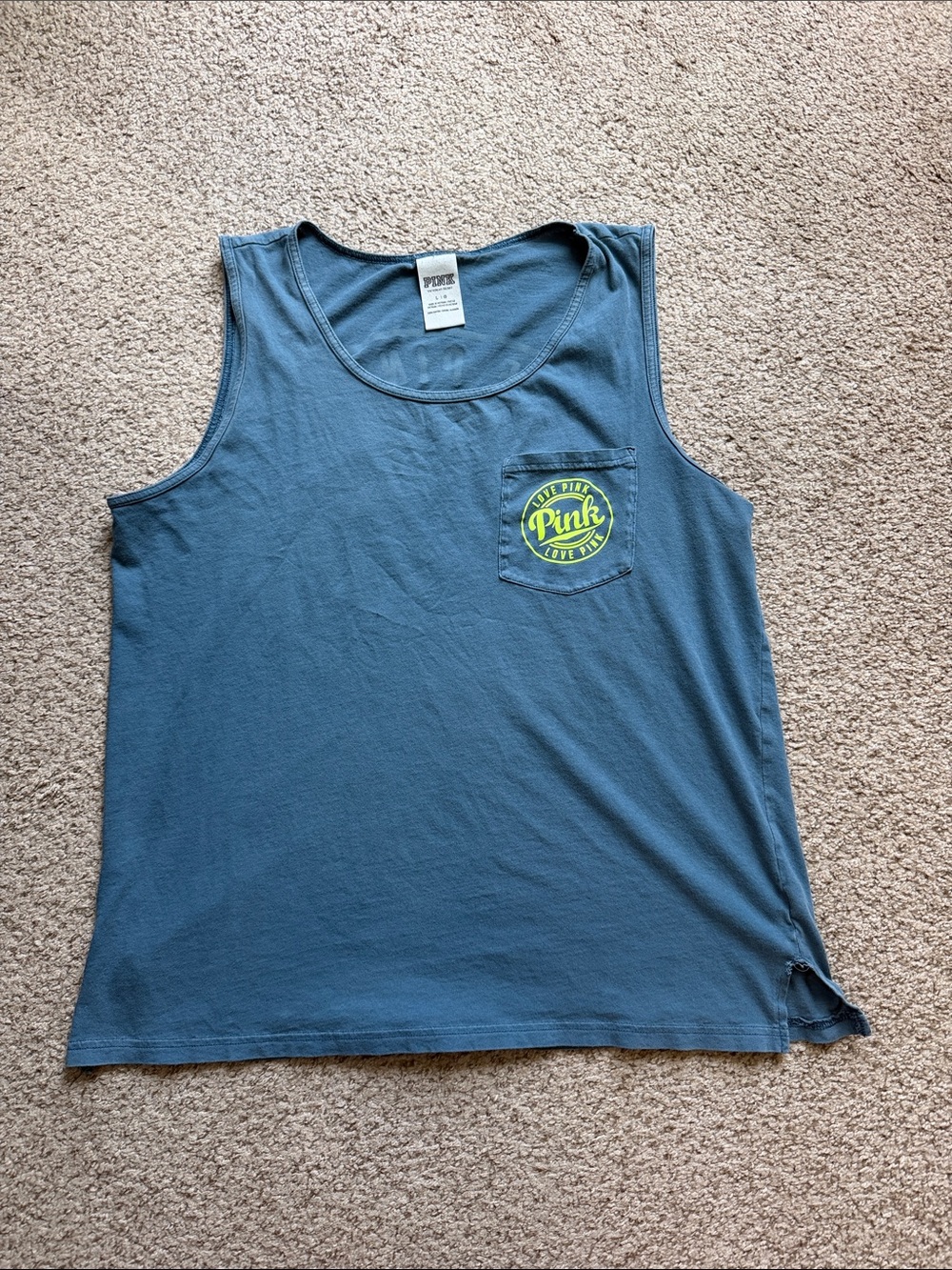 PINK Victoria's Secret Slate Blue green Tank with Neon Green Chest Logo